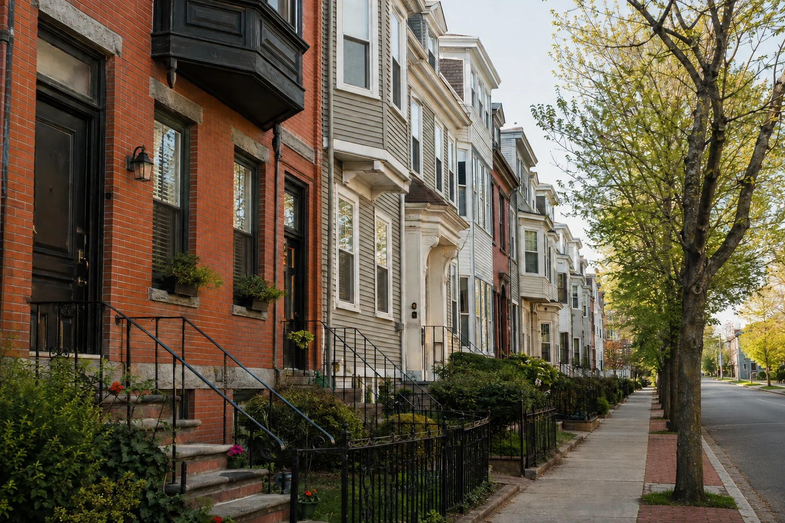 Ruhige Wohnstraße in East Boston mit Backstein- und Holzfassaden