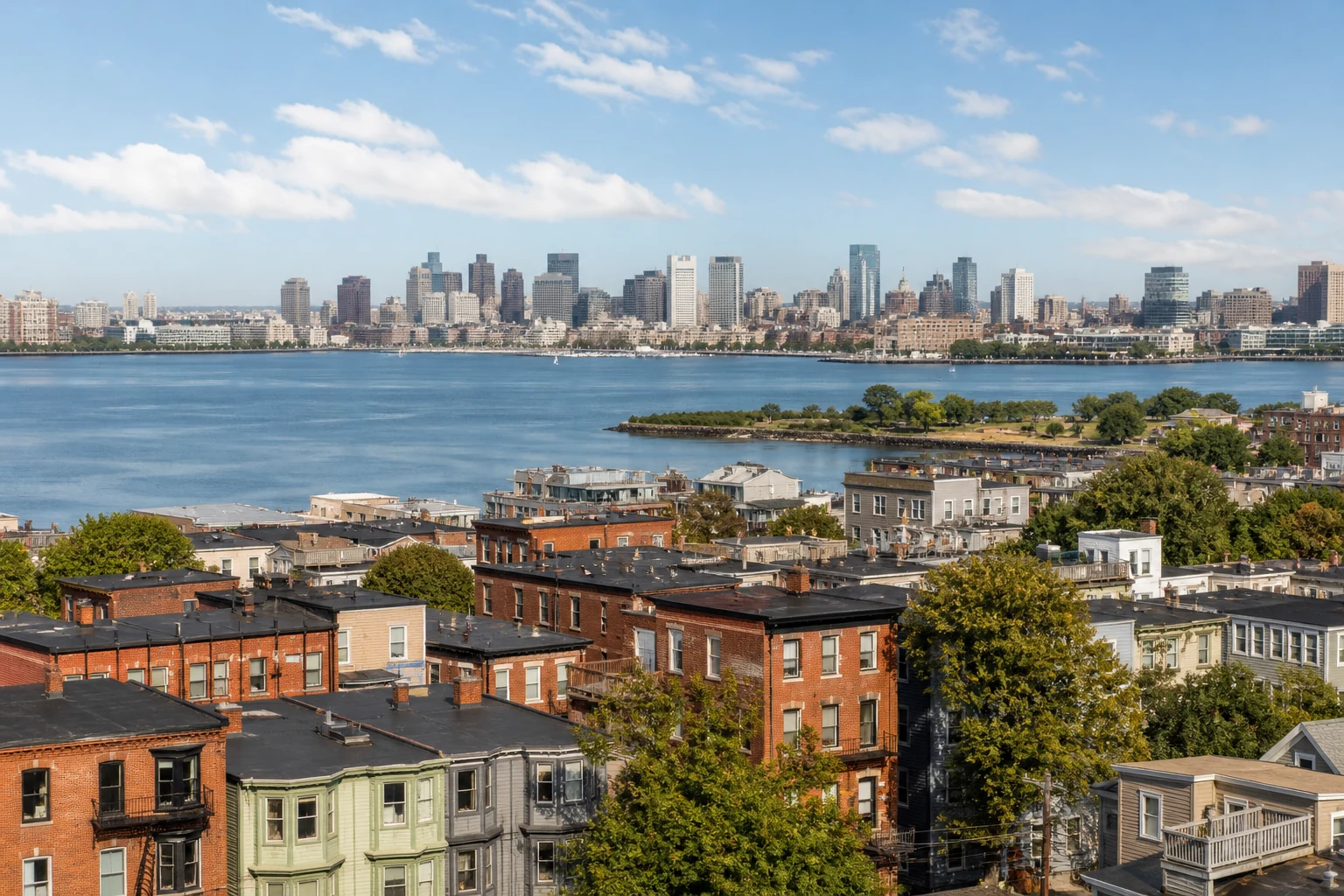 East Boston mit Backsteinhäusern, Hafenbecken und Bostoner Stadtsilhouette