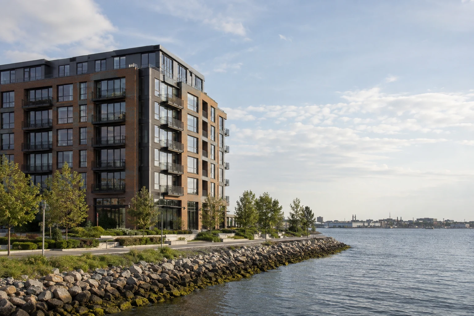 Zeitgemäßes Wohngebäude aus Backstein am Ufer von East Boston